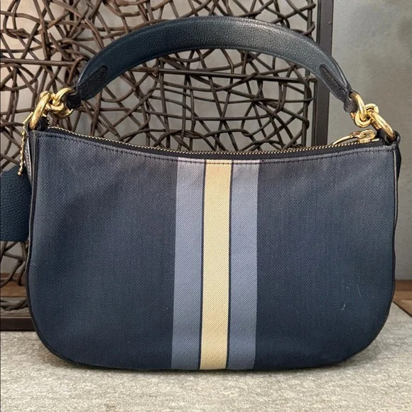 Coach Dark Blue and Gold Stripe Shoulder Bag - Picture 2 of 7